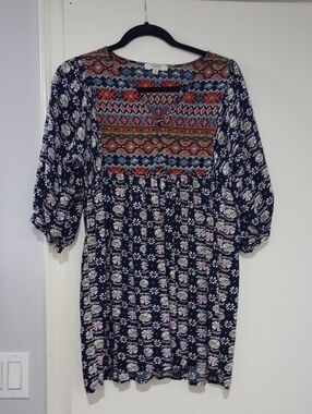 Umgee Navy Floral Long Sleeve Boho Tunic Top/Dress with Embroidered Yoke Size M